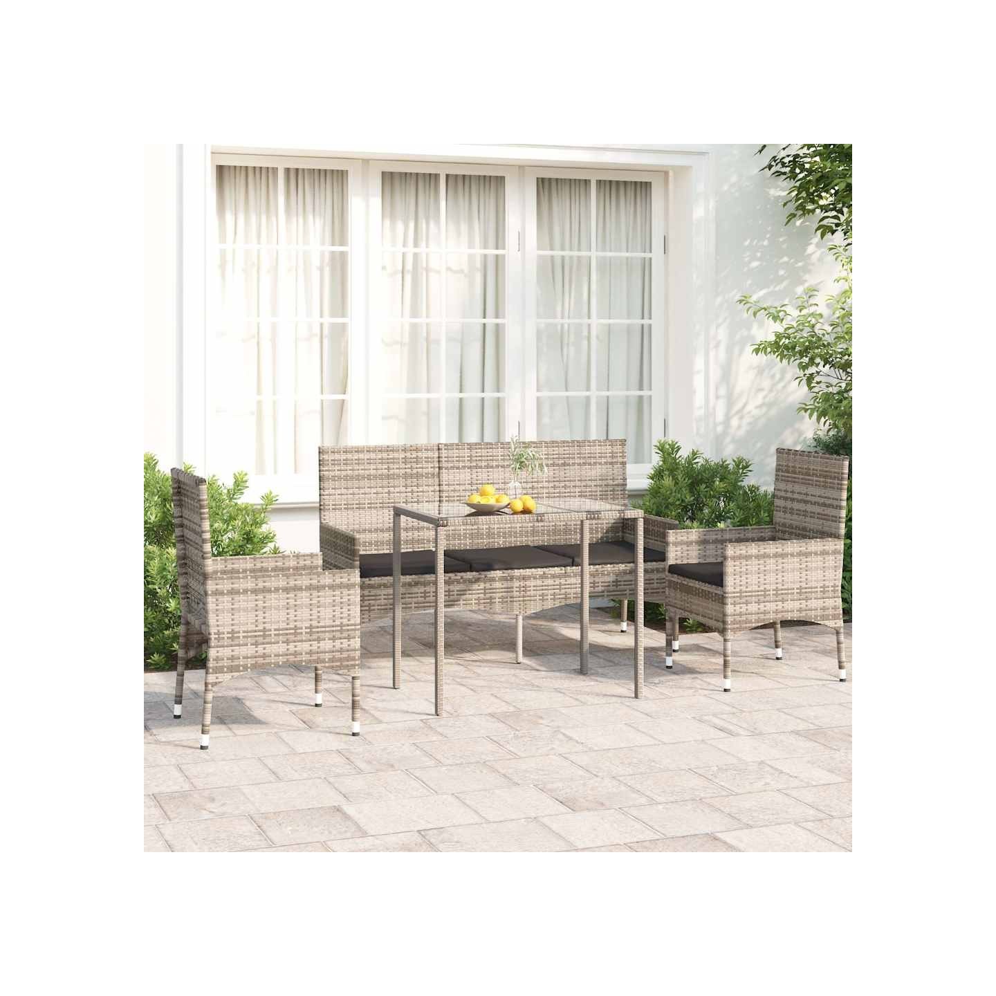 Salon de jardin 4 pcs avec coussins Gris Résine tressée