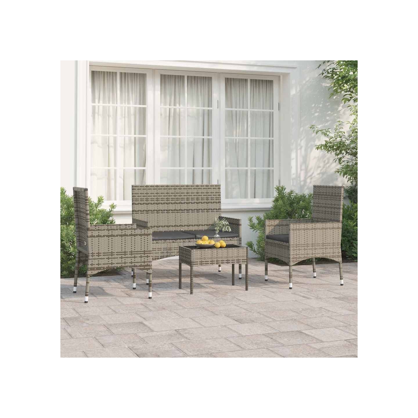 Salon de jardin 4 pcs avec coussins Gris Résine tressée