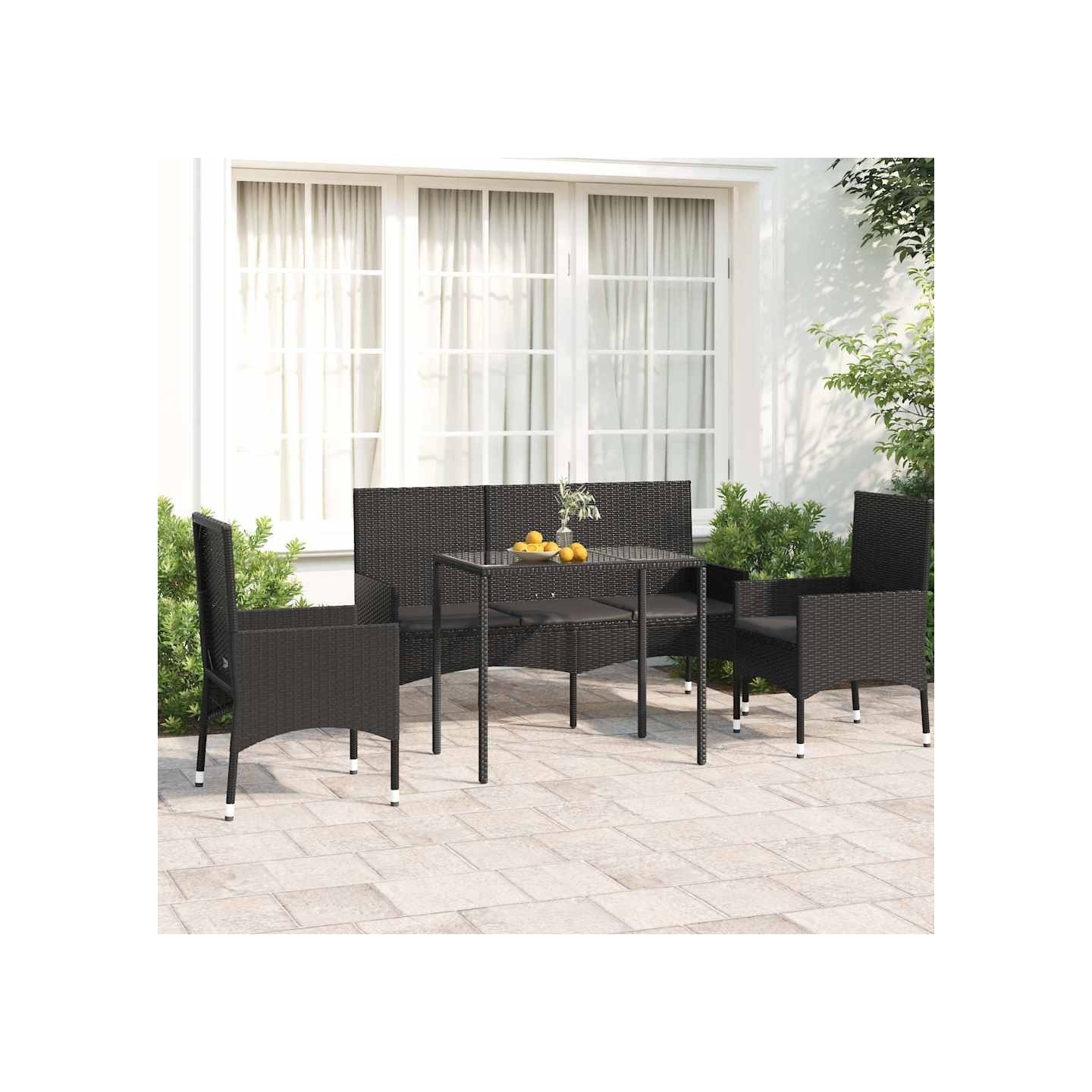 Salon de jardin 4 pcs avec coussins Noir Résine tressée