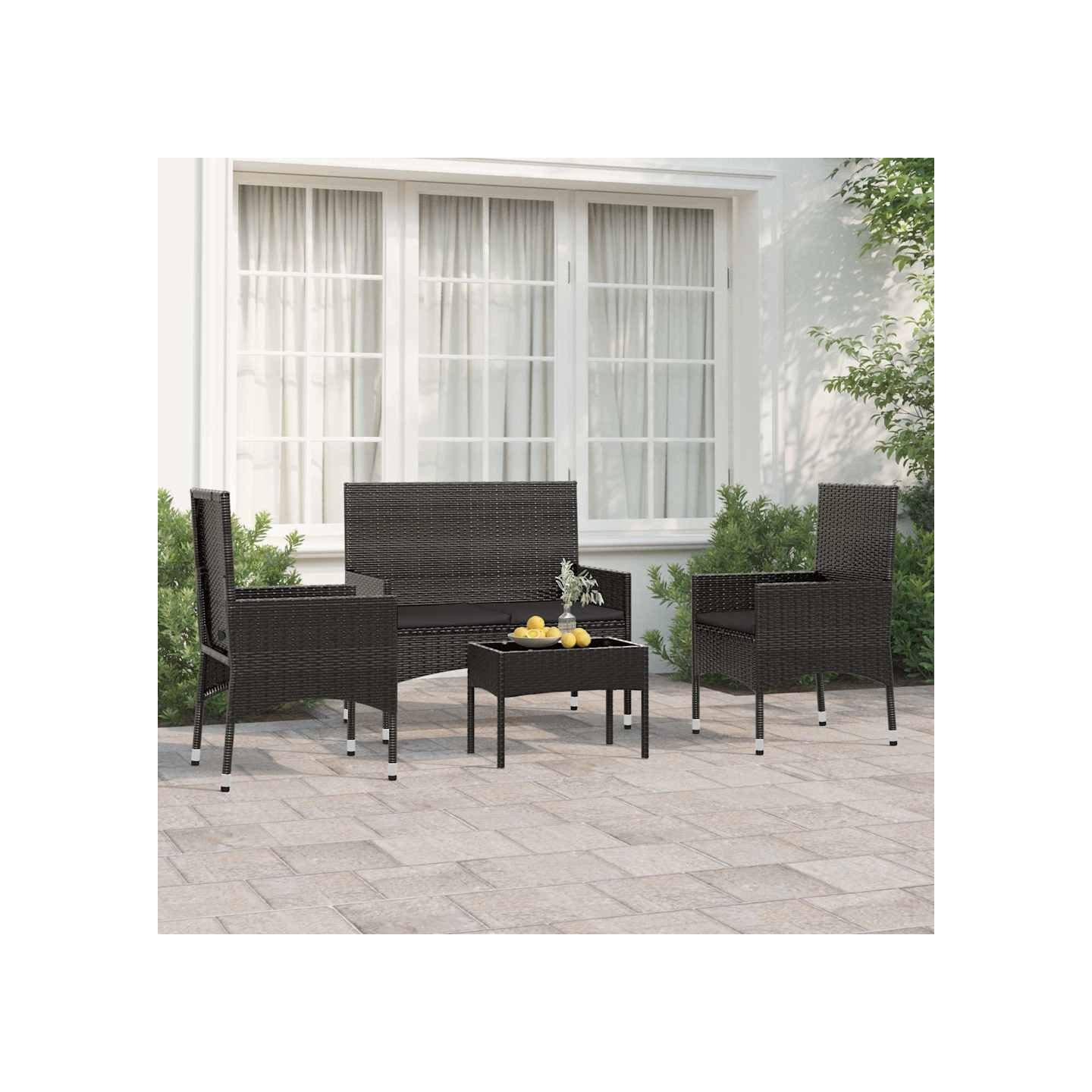 Salon de jardin 4 pcs avec coussins Noir Résine tressée