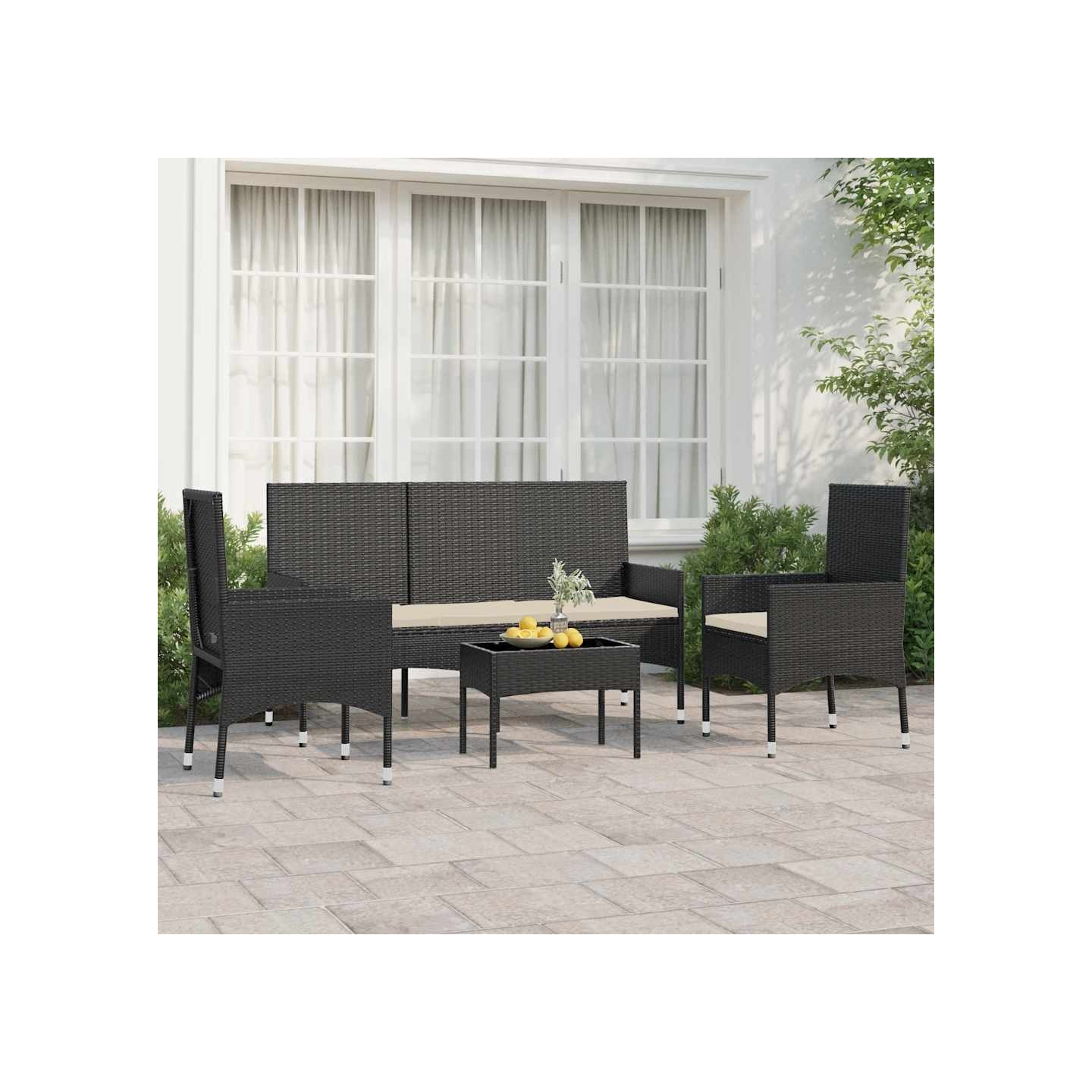 Salon de jardin 4 pcs avec coussins Noir Résine tressée