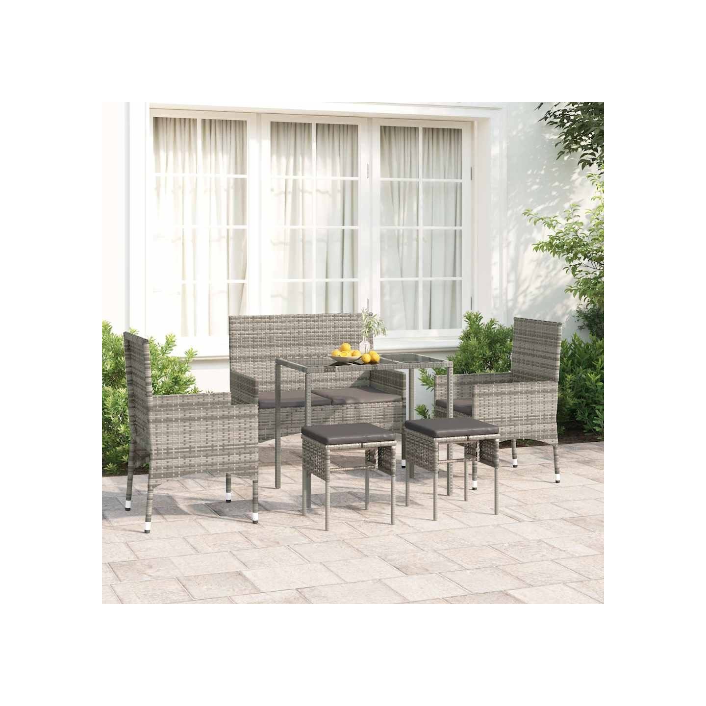 Salon de jardin 6 pcs avec coussins Gris Résine tressée