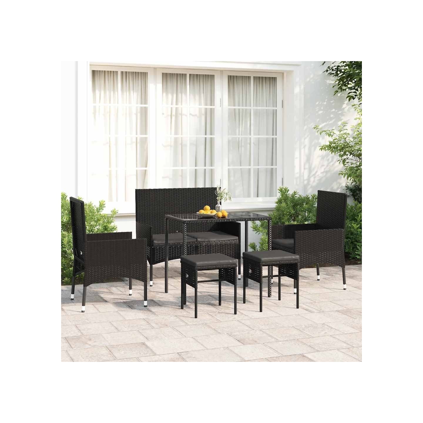Salon de jardin 6 pcs avec coussins Noir Résine tressée