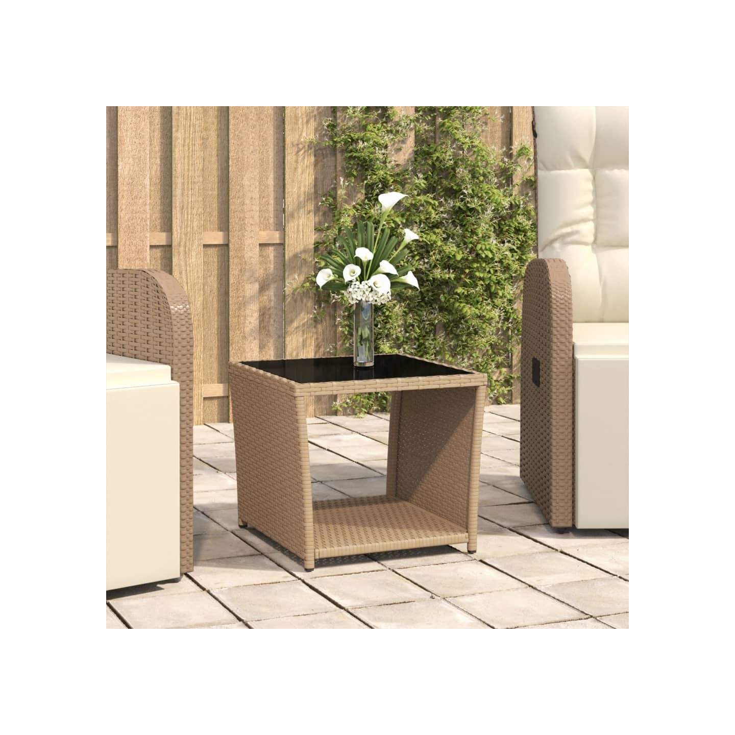 Table à thé dessus en verre beige Résine tressée verre trempé
