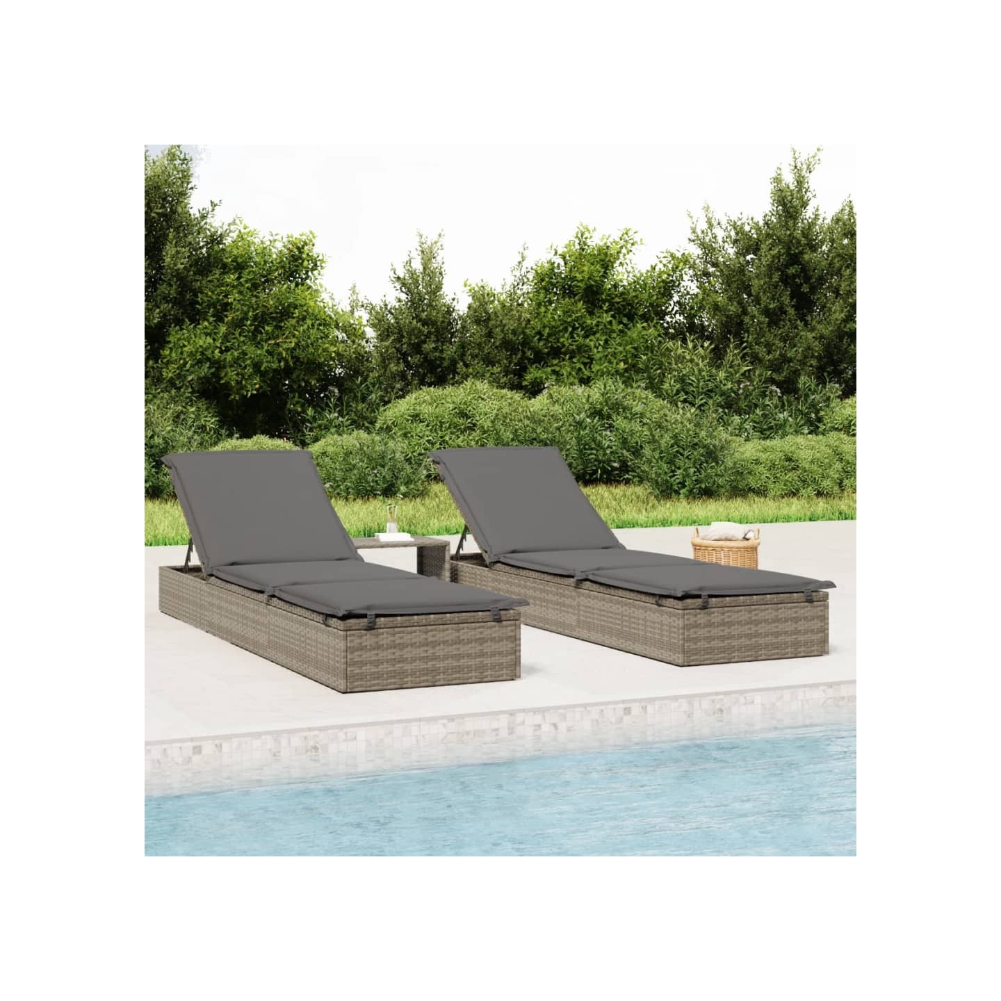 Transats 2 pcs avec table gris résine tressée