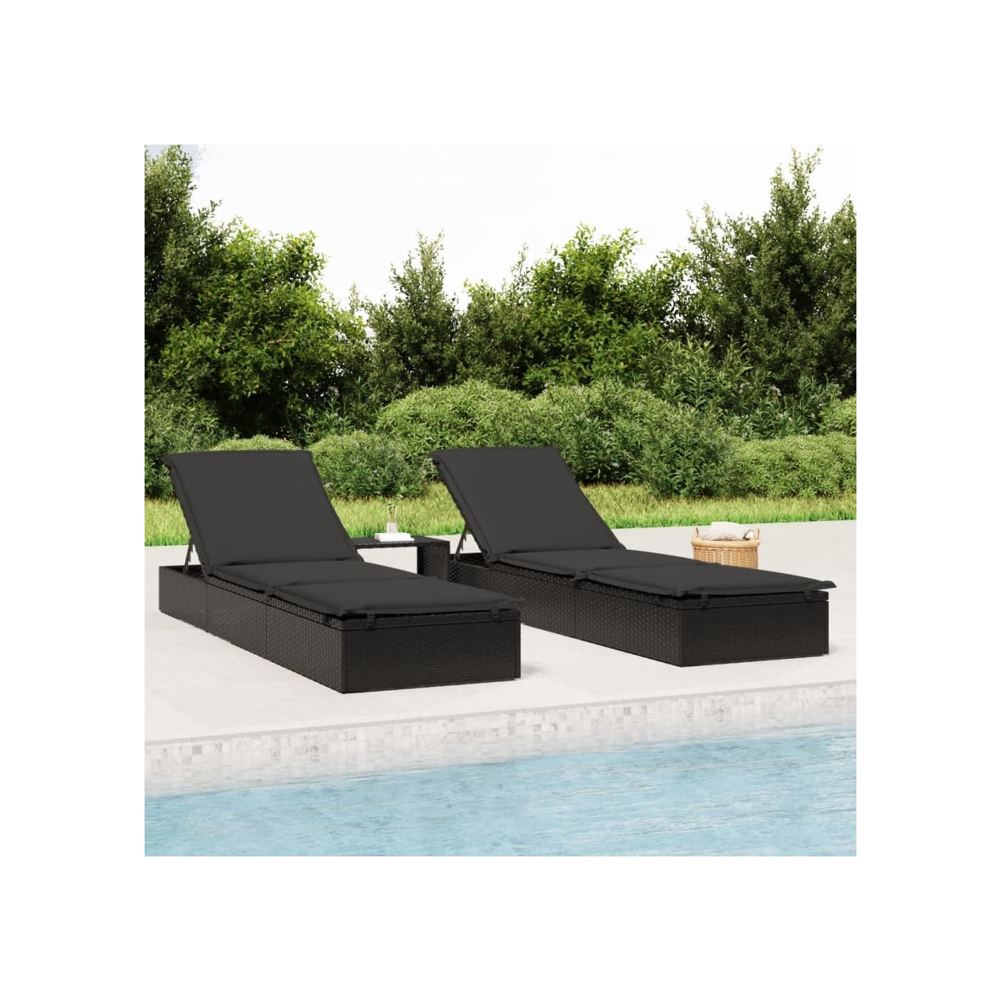 Transats 2 pcs avec table noir résine tressée