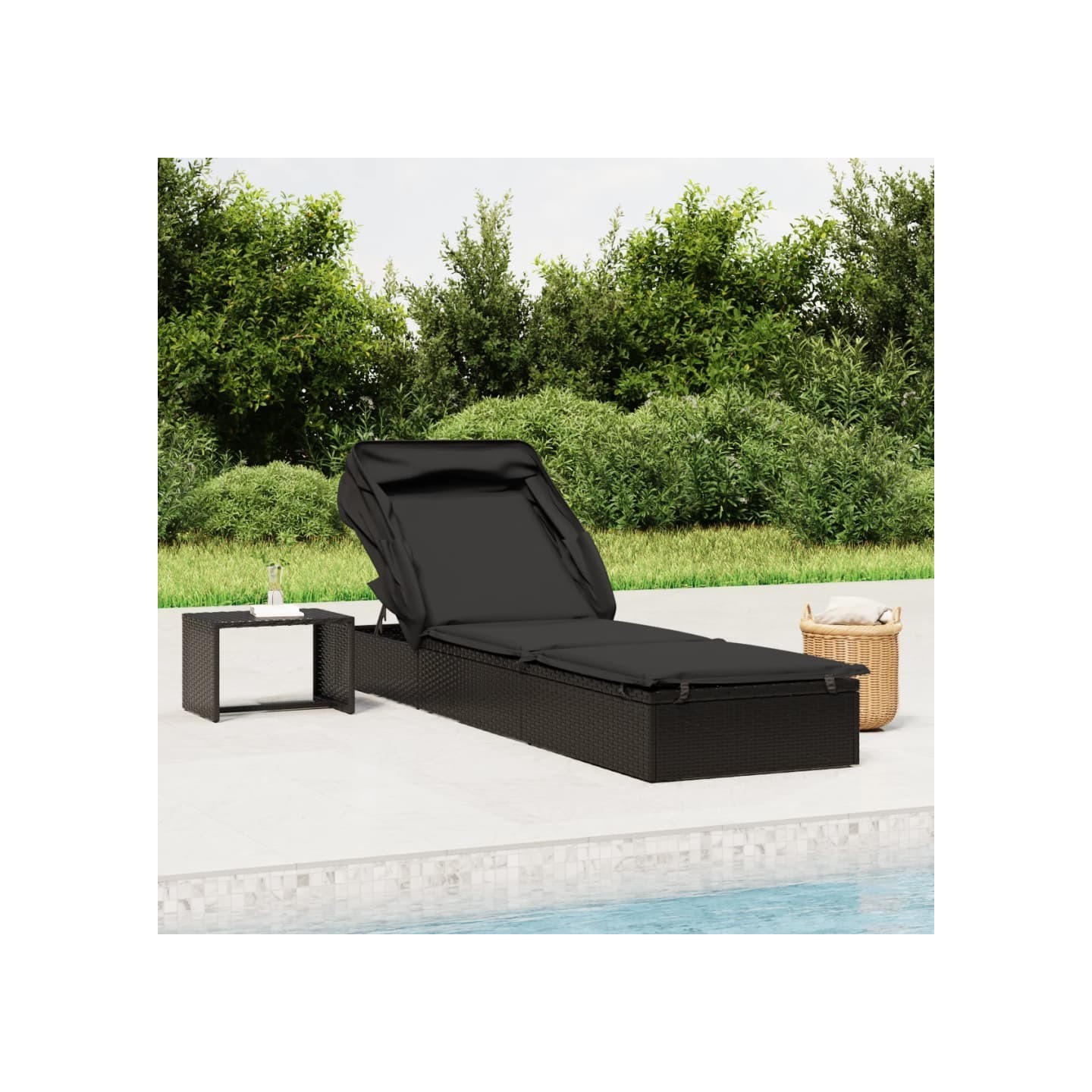 Transat avec toit pliable noir 213x63x97 cm résine tressée