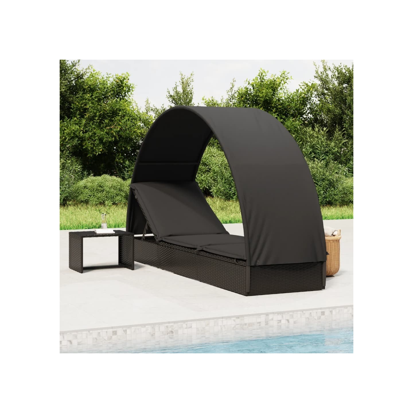 Chaise longue avec toit rond noir 211x57x140 cm résine tressée