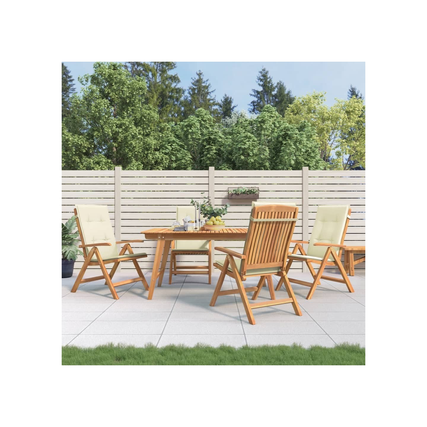 Fauteuils pliants inclinables avec coussins, 4 pièces, en bois massif de teck