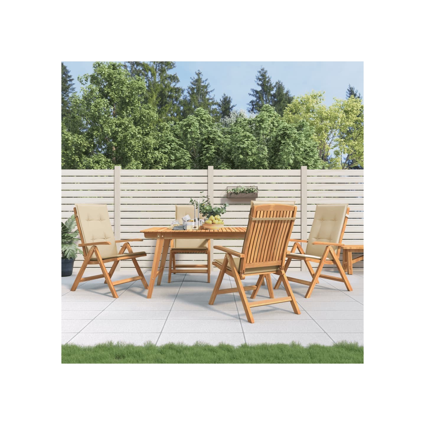 Fauteuils pliants inclinables avec coussins 4 pcs teck massif