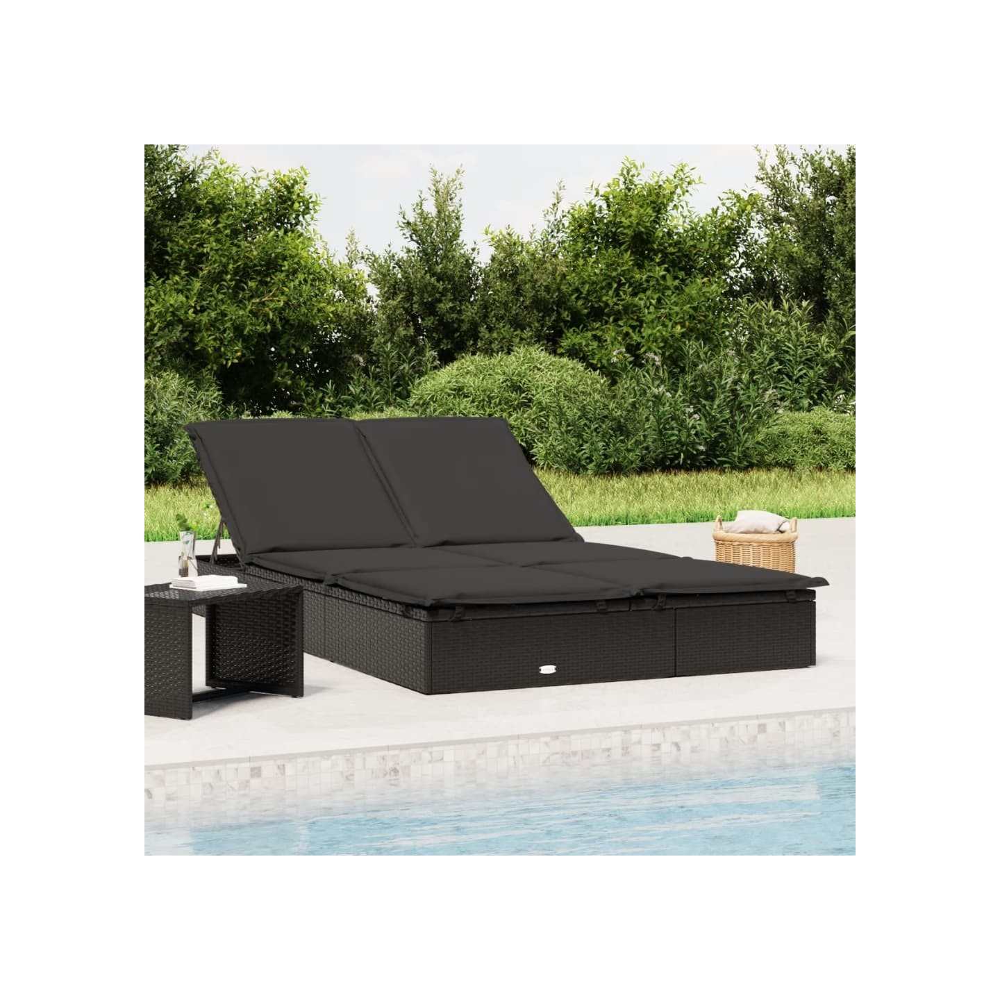 Chaise longue à 2 places avec coussins noir résine tressée