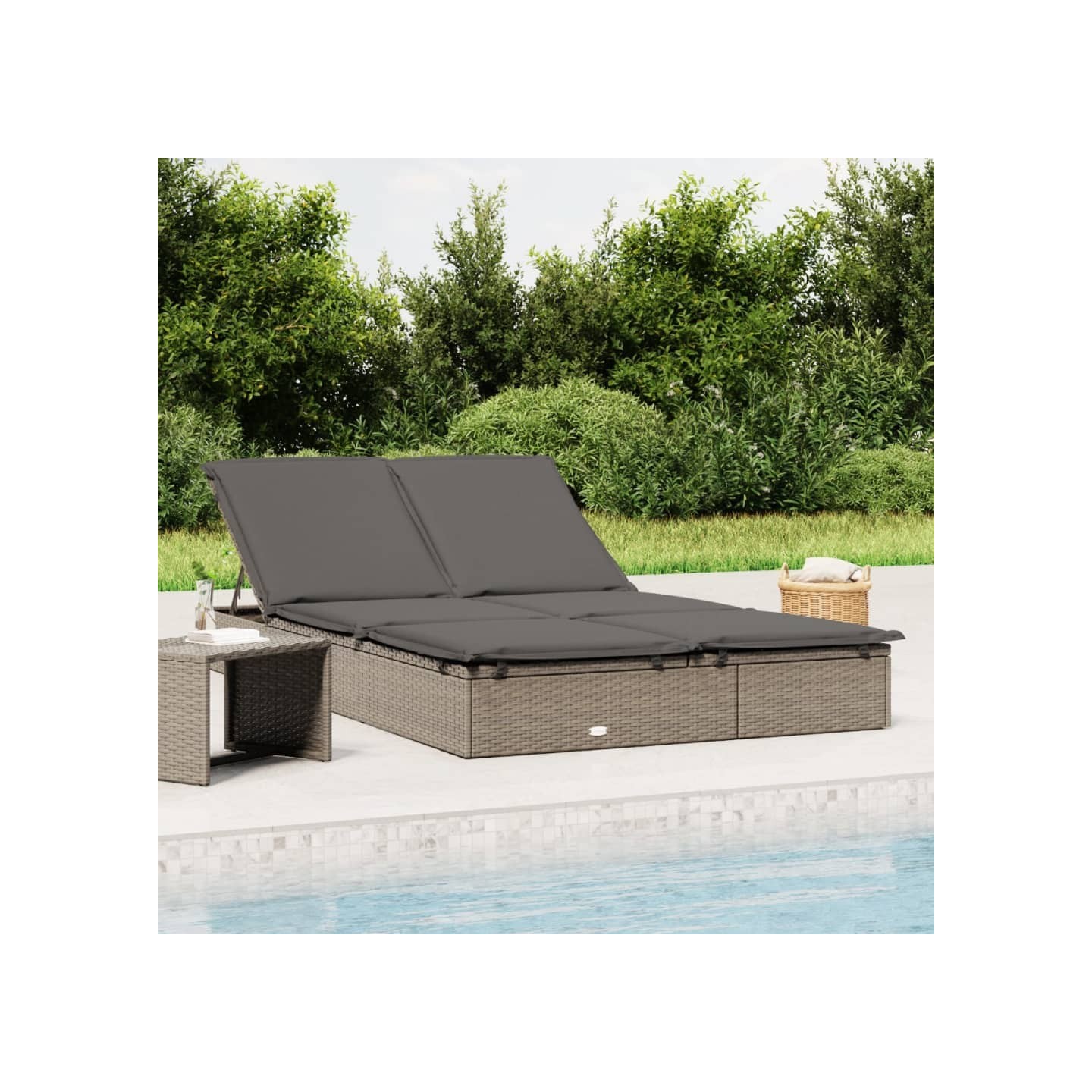 Chaise longue à 2 places avec coussins gris résine tressée