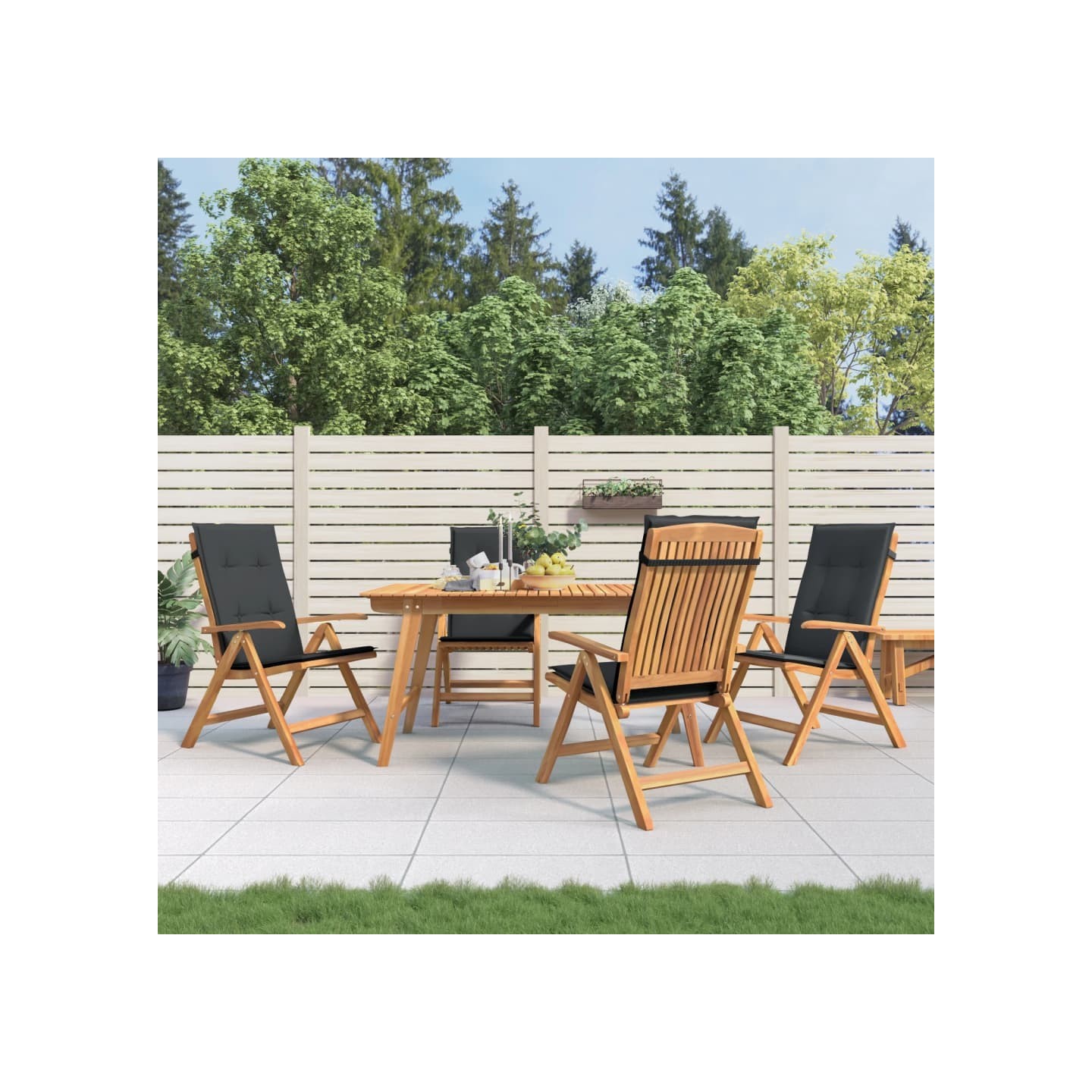 Fauteuils pliants inclinables avec coussins 4 pcs teck massif
