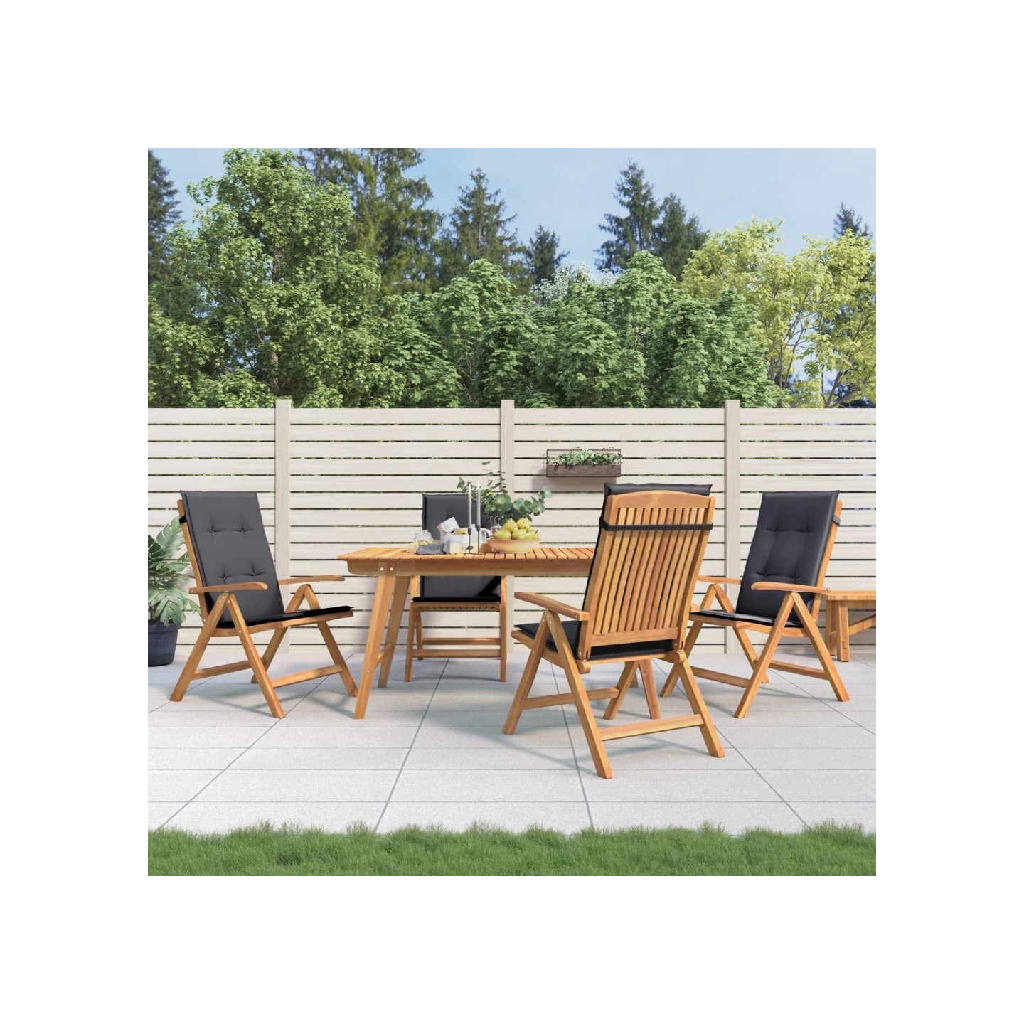 Fauteuils pliants inclinables avec coussins 4 pcs teck massif