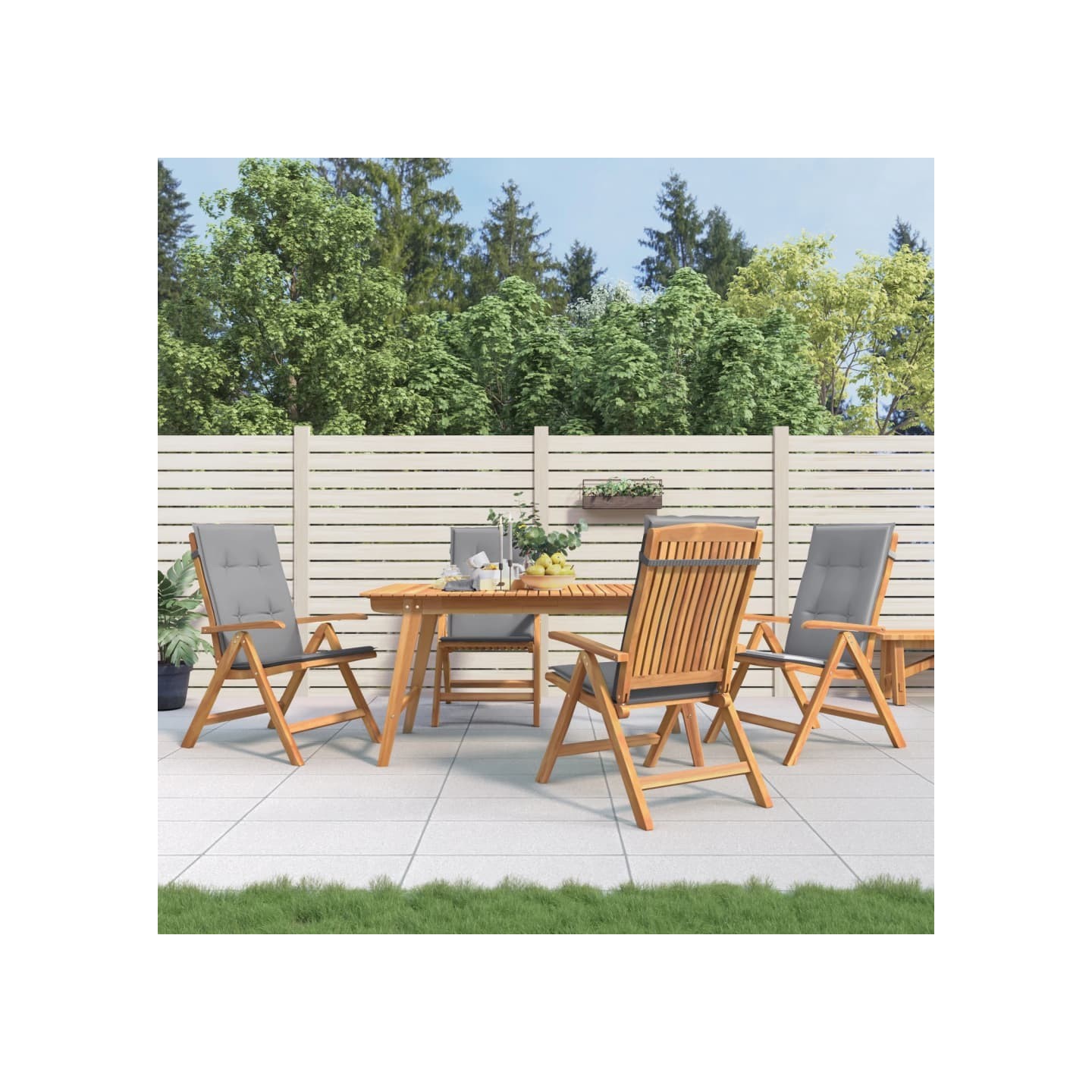 Fauteuils pliants inclinables avec coussins 4 pcs teck massif