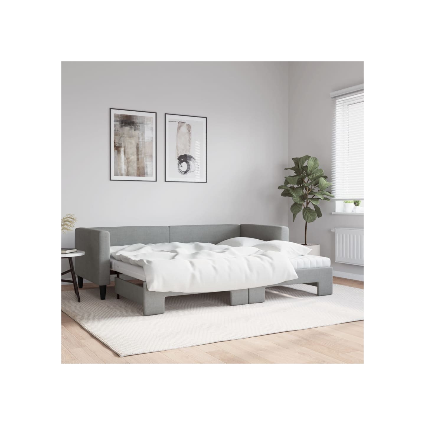 Lit de jour avec gigogne et matelas gris clair 80x200 cm tissu