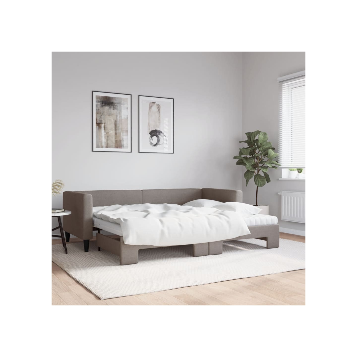 Lit de jour avec gigogne et matelas taupe 80x200 cm tissu