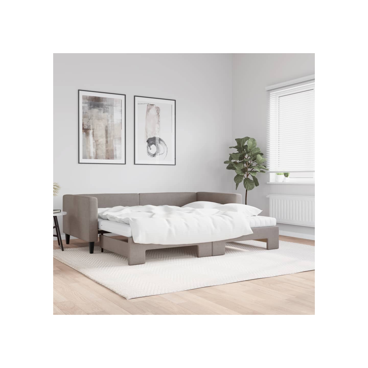 Lit de jour avec gigogne et matelas taupe 90x200 cm tissu