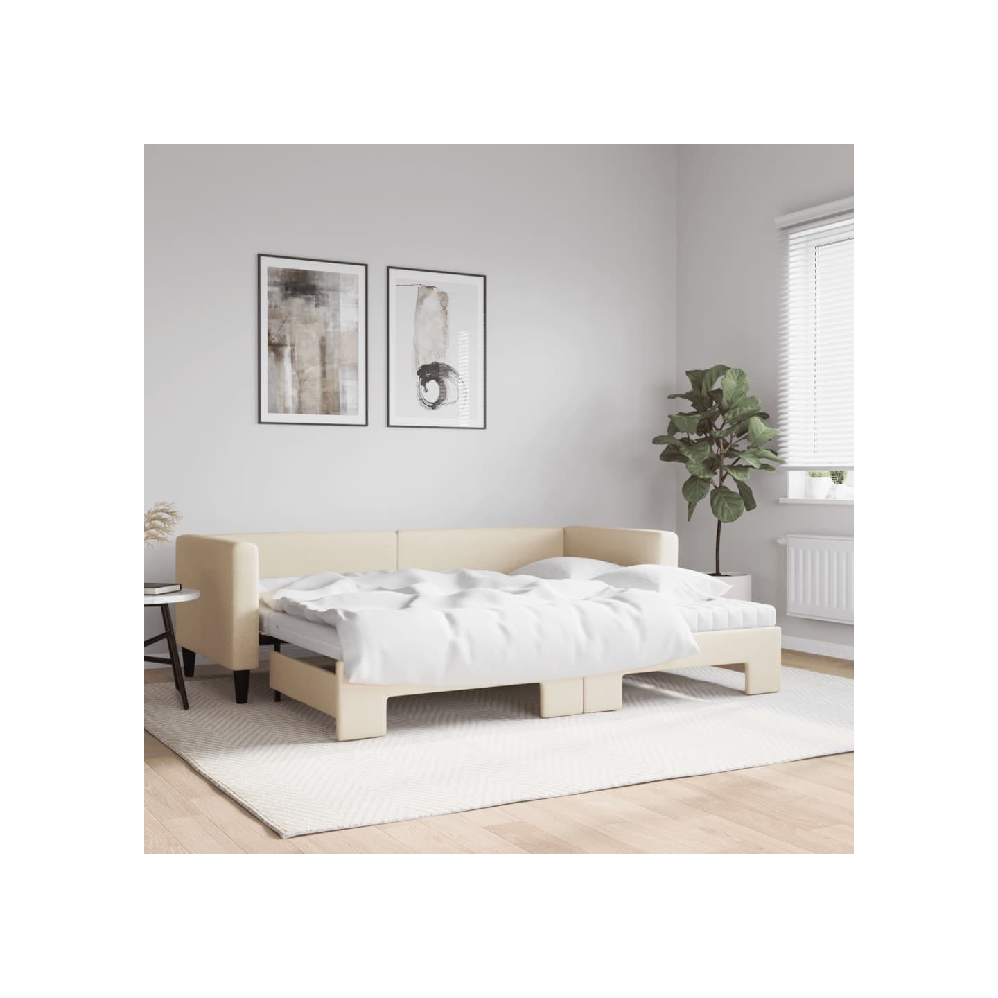 Lit de jour avec gigogne et matelas crème 80x200 cm tissu