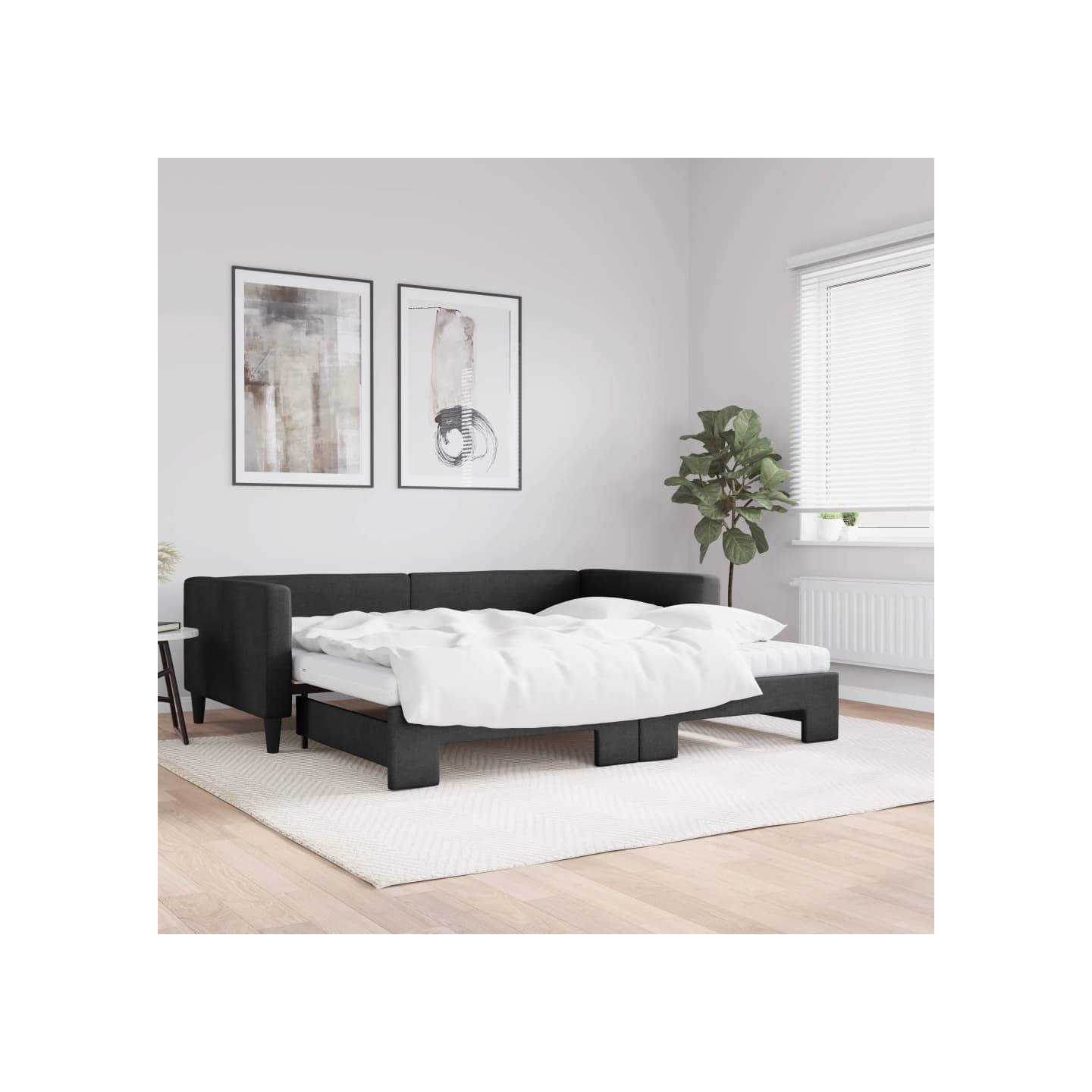 Lit de jour avec gigogne et matelas noir 100x200 cm tissu