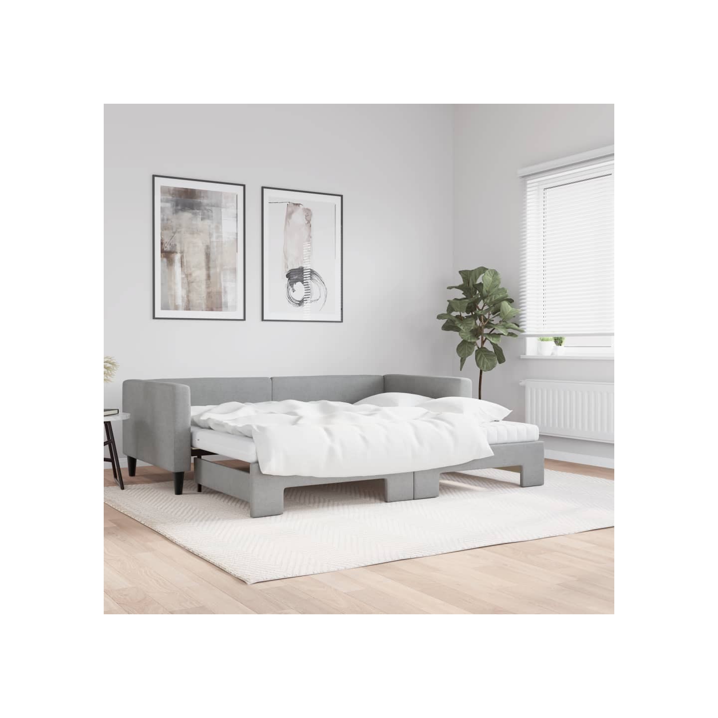Lit de jour avec gigogne et matelas gris clair 90x200 cm tissu