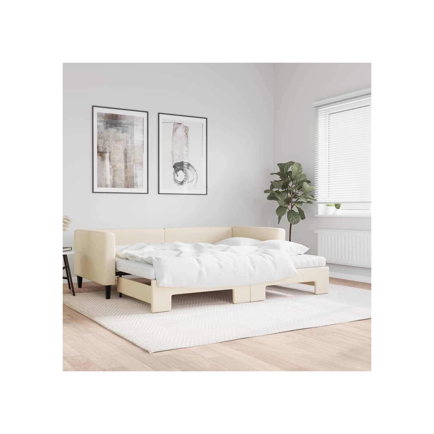 Lit de jour avec gigogne et matelas crème 90x200 cm tissu