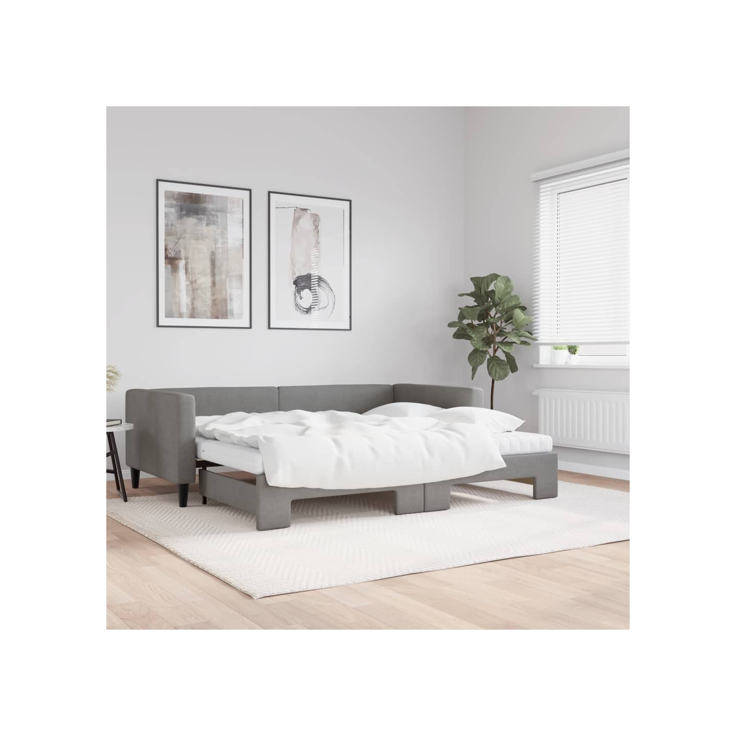 Lit de jour avec gigogne et matelas gris foncé 90x200 cm tissu