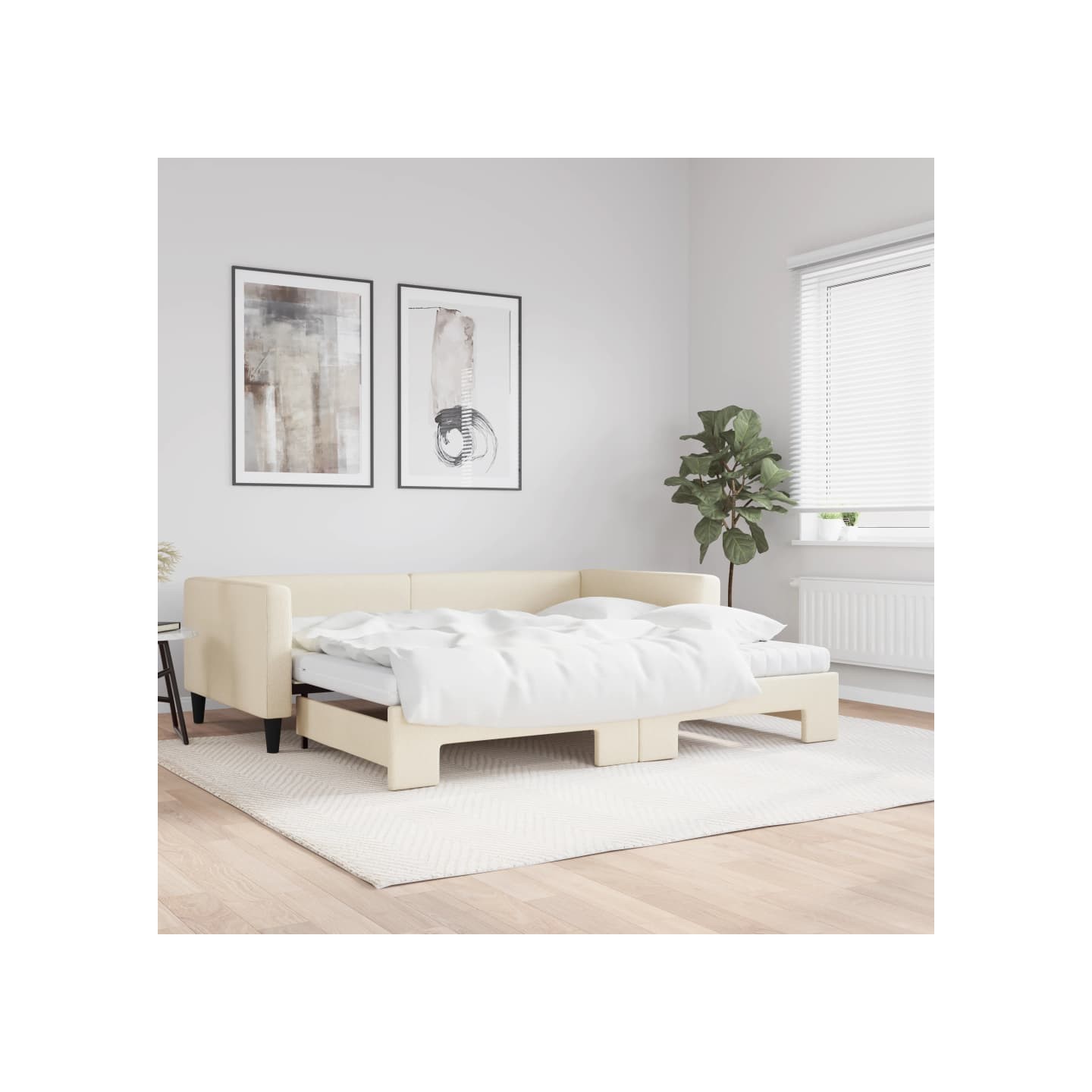 Lit de jour avec gigogne et matelas crème 100x200 cm tissu
