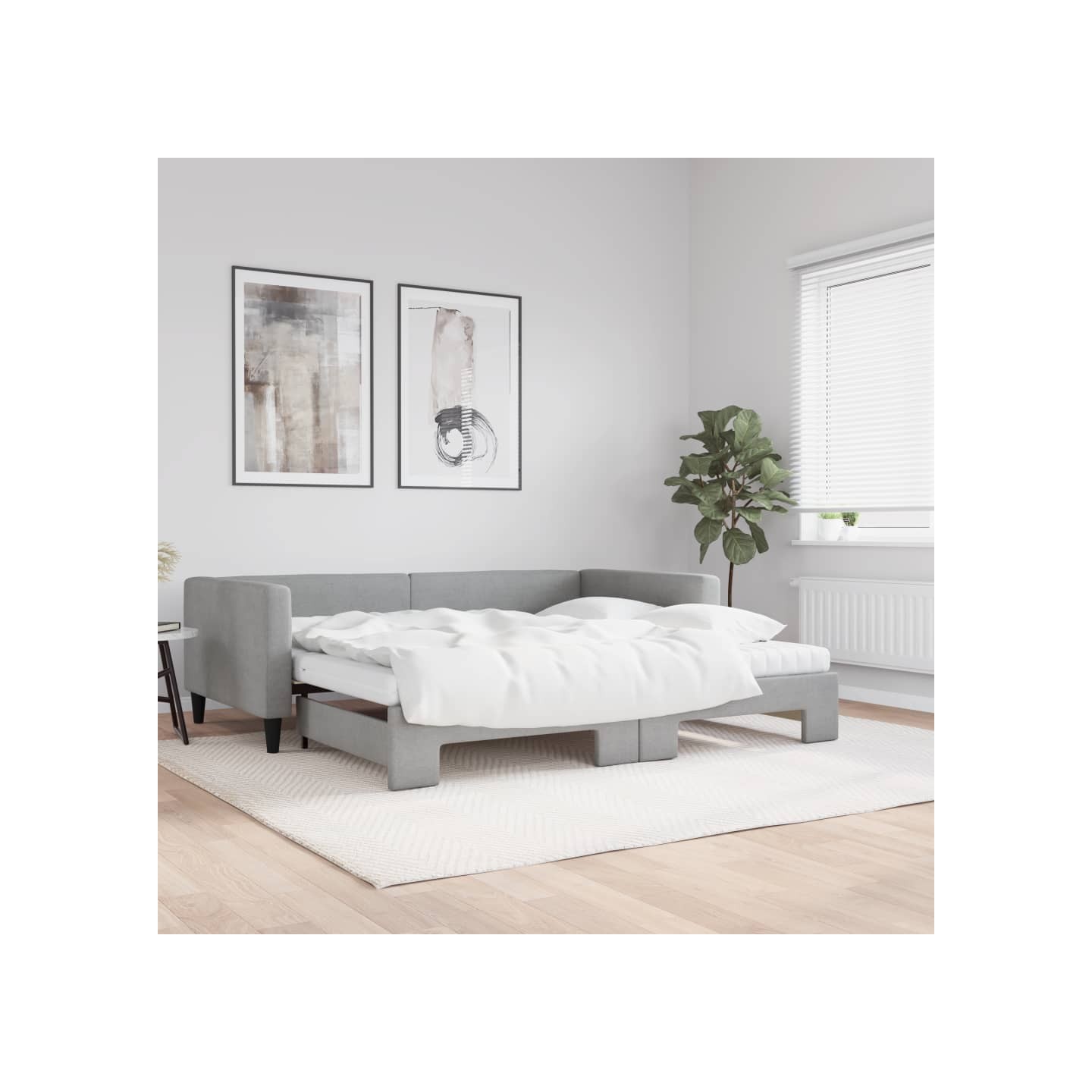 Lit de jour avec gigogne et matelas gris clair 100x200 cm tissu