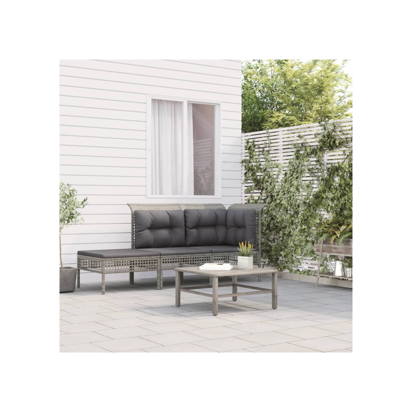 Salon de jardin 3 pcs avec coussins Gris Résine tressée