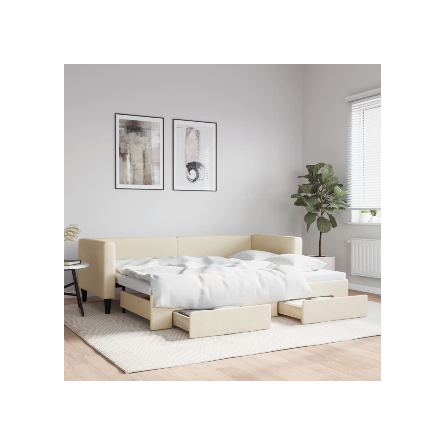 Lit de jour avec gigogne et tiroirs sans matelas crème 80x200cm