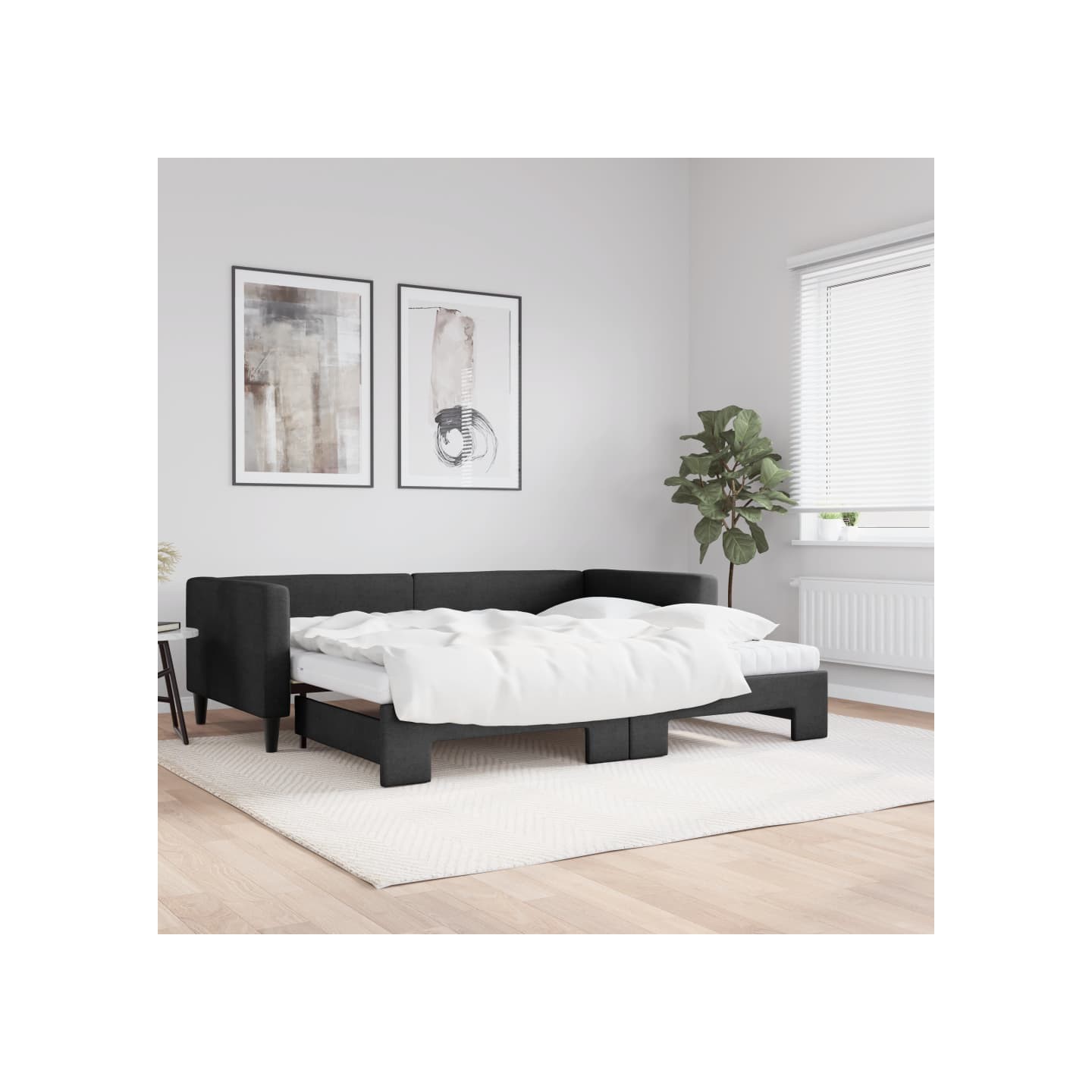 Lit de jour avec gigogne et matelas noir 90x200 cm tissu