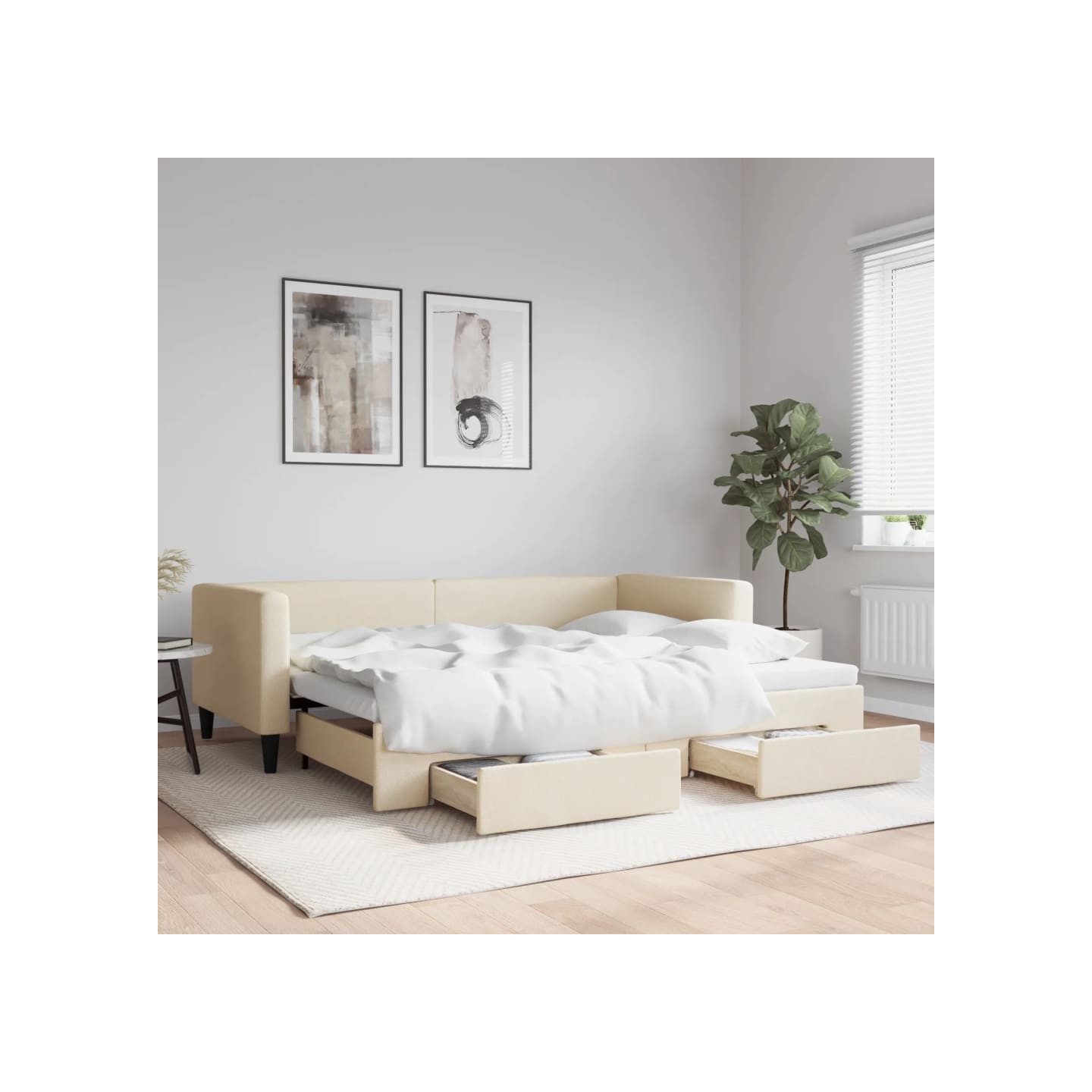 Lit de jour avec gigogne et tiroirs sans matelas crème 90x200cm