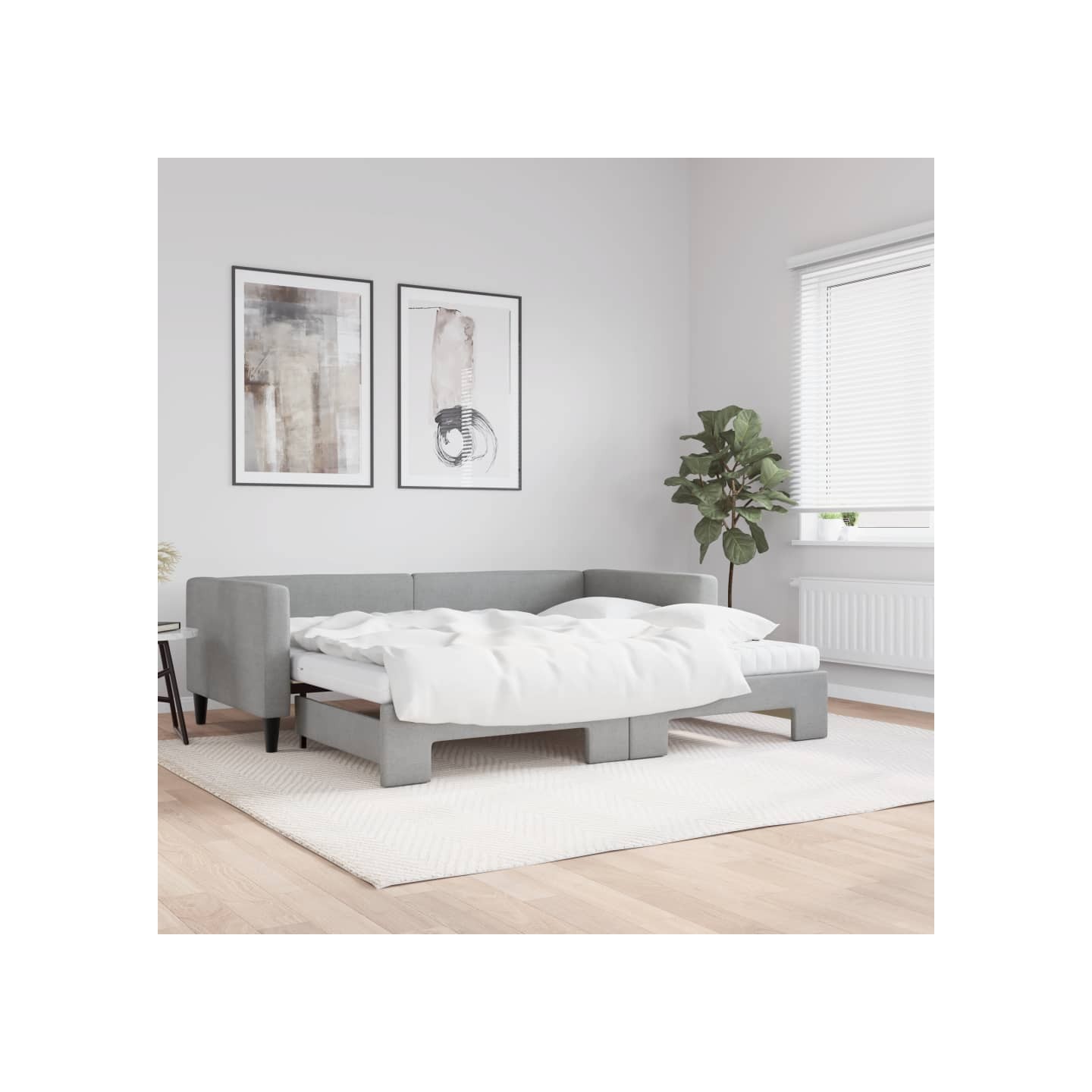 Lit de jour avec gigogne et matelas gris clair 90x190 cm tissu