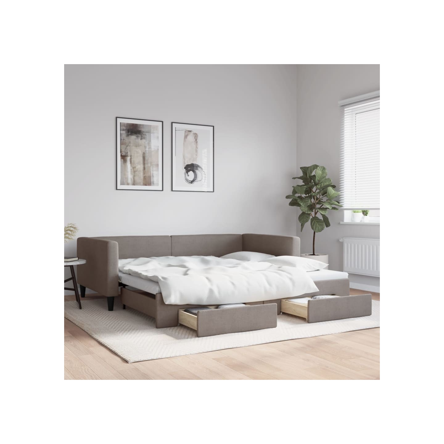 Lit de jour avec gigogne et tiroirs taupe 100x200 cm tissu