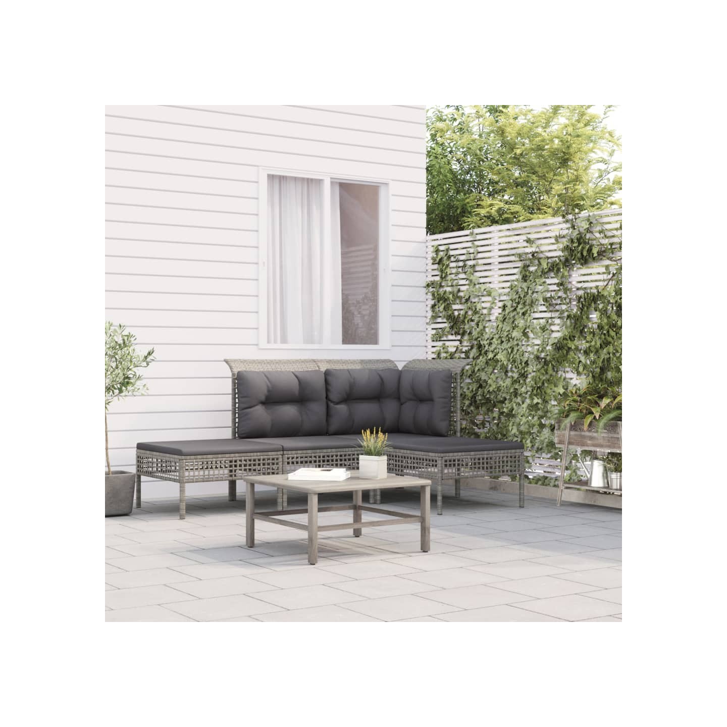 Salon de jardin 4 pcs avec coussins Gris Résine tressée