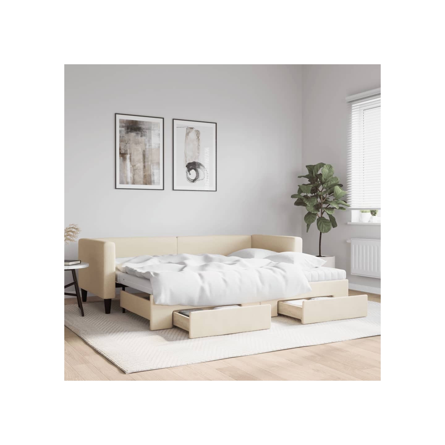 Lit de jour avec gigogne et tiroirs crème 80x200 cm tissu
