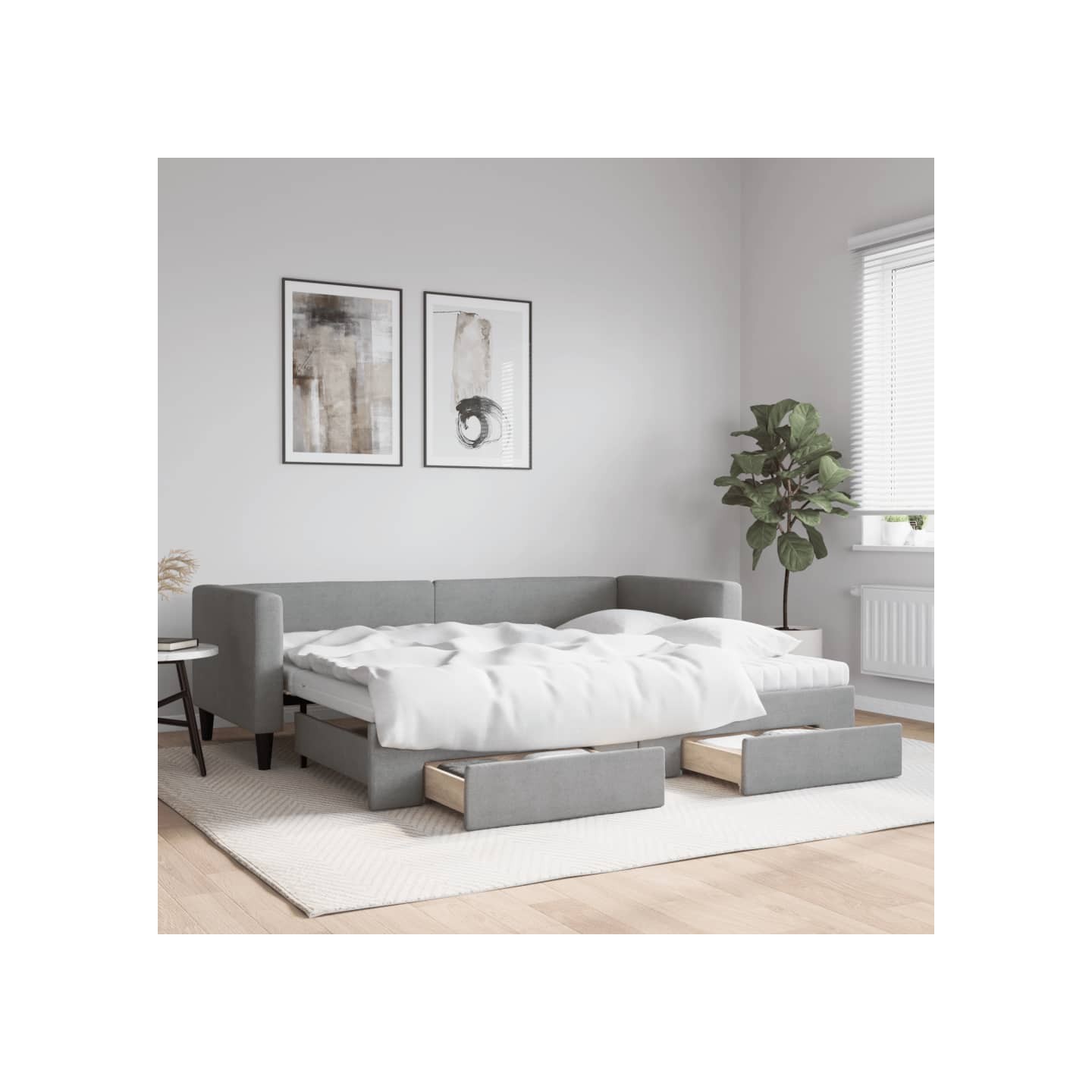 Lit de jour avec gigogne et tiroirs gris clair 80x200 cm tissu