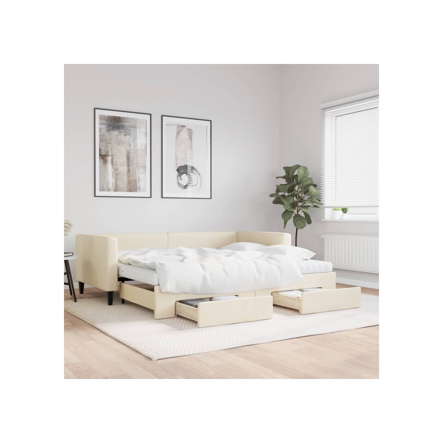 Lit de jour avec gigogne et tiroirs crème 90x200 cm tissu