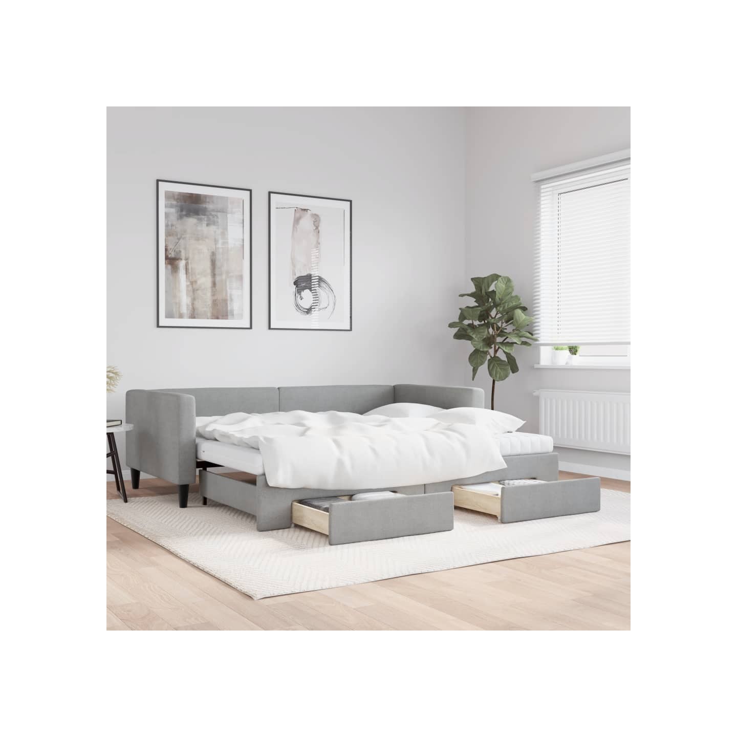 Lit de jour avec gigogne et tiroirs gris clair 90x200 cm tissu