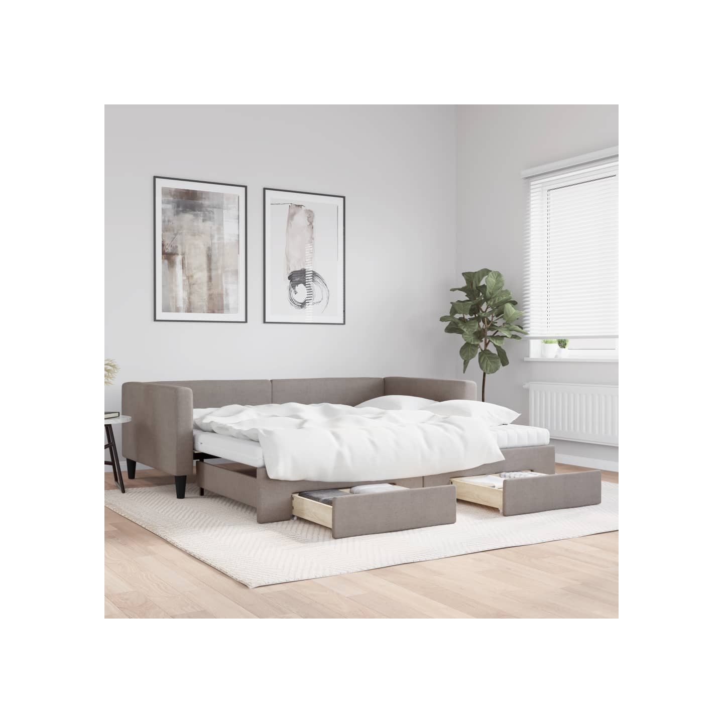 Lit de jour avec gigogne et tiroirs taupe 100x200 cm tissu