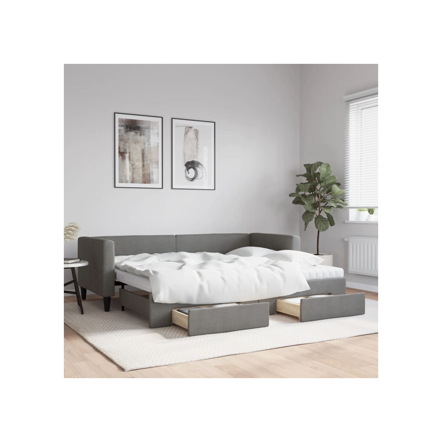Lit de jour avec gigogne et tiroirs gris foncé 80x200 cm tissu