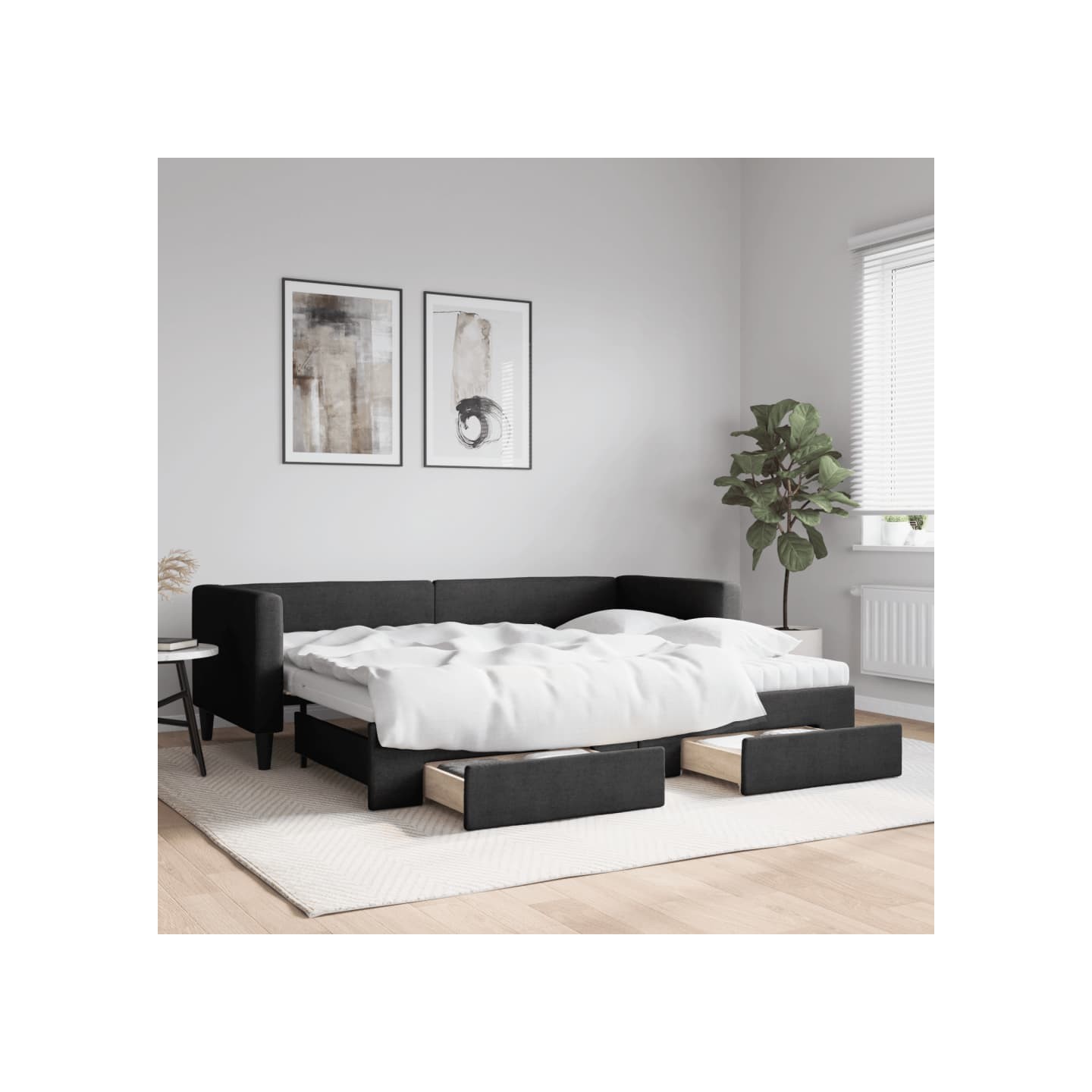 Lit de jour avec gigogne et tiroirs noir 80x200 cm tissu