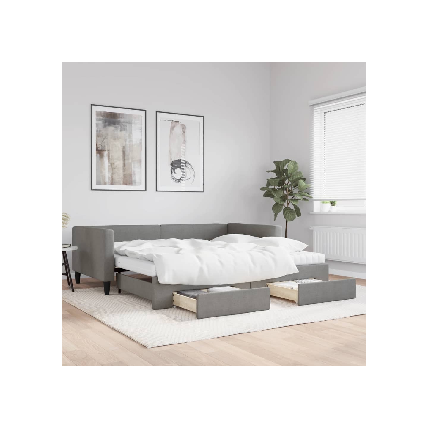 Lit de jour avec gigogne et tiroirs gris foncé 100x200 cm tissu