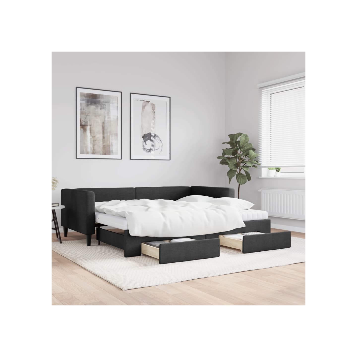 Lit de jour avec gigogne et tiroirs noir 90x200 cm tissu