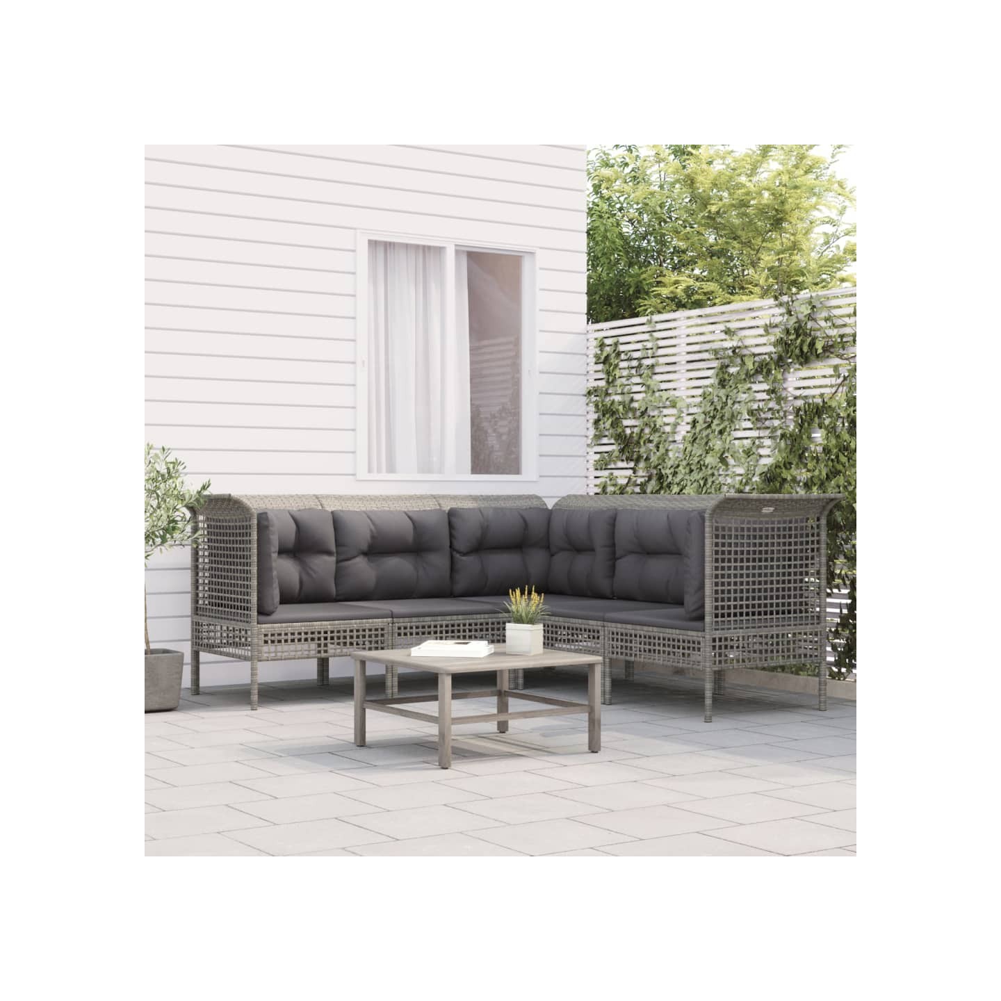Salon de jardin 5 pcs avec coussins Gris Résine tressée