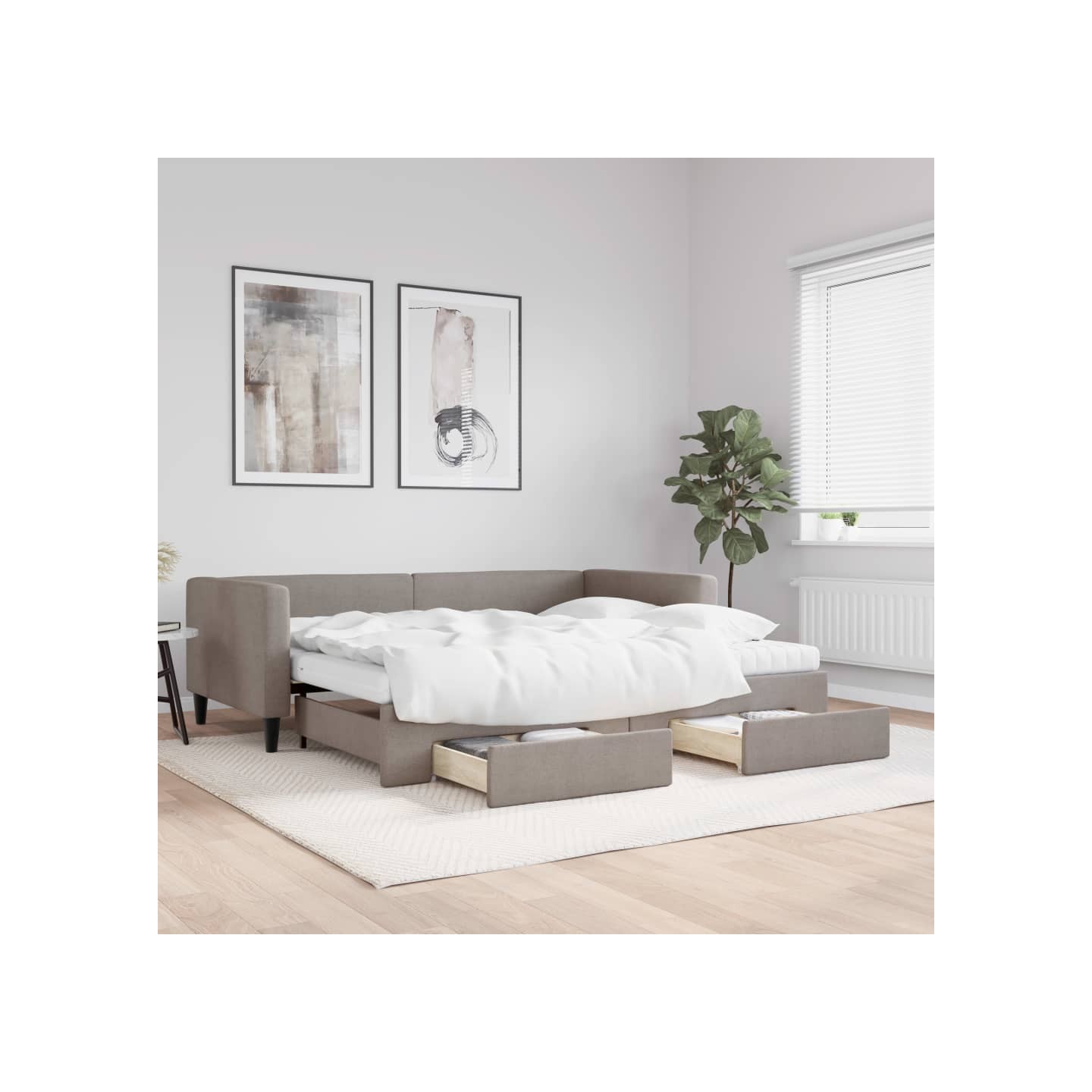 Lit de jour avec gigogne et tiroirs taupe 90x200 cm tissu