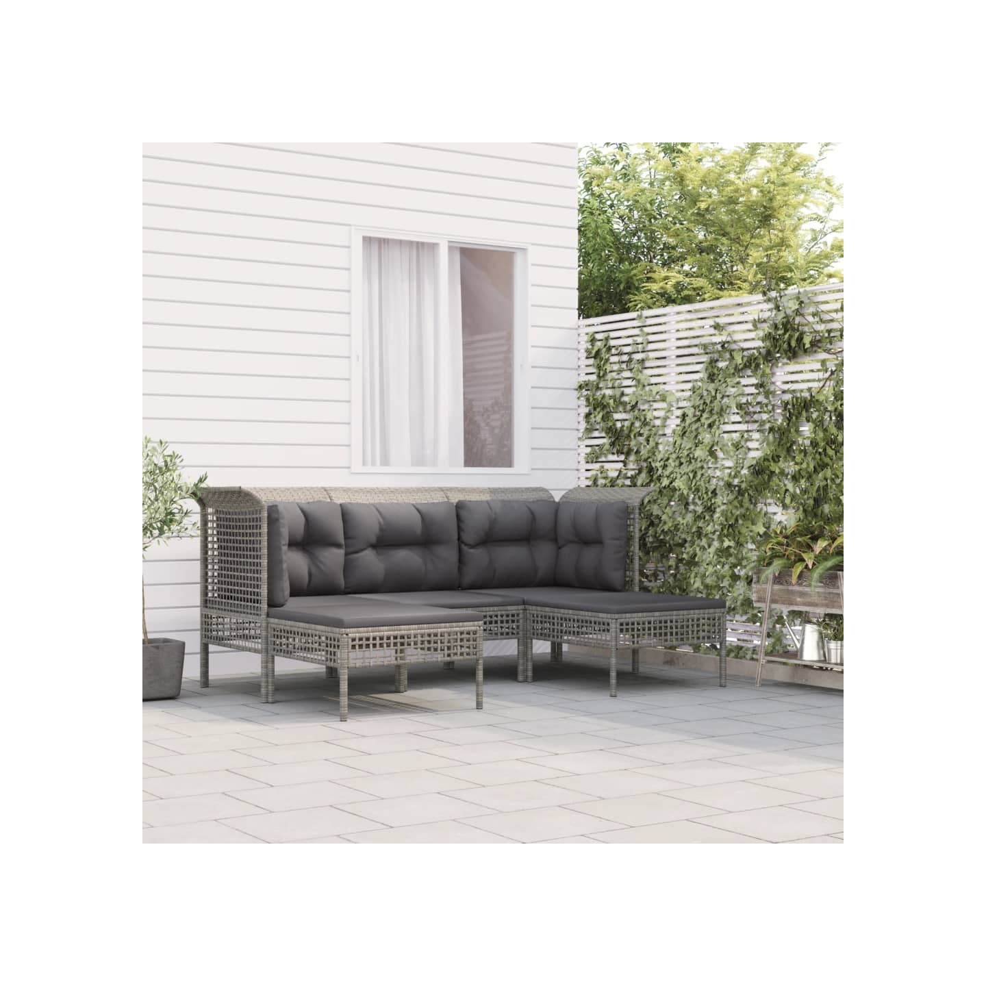 Salon de jardin 5 pcs avec coussins Gris Résine tressée