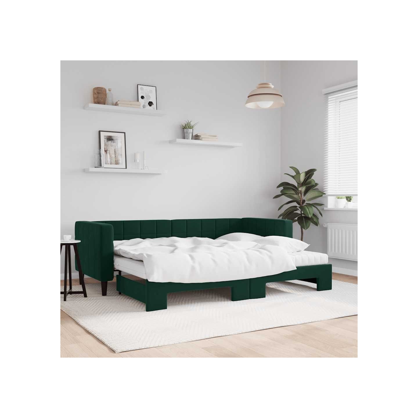 Lit de jour avec gigogne et matelas vert foncé 80x200cm velours