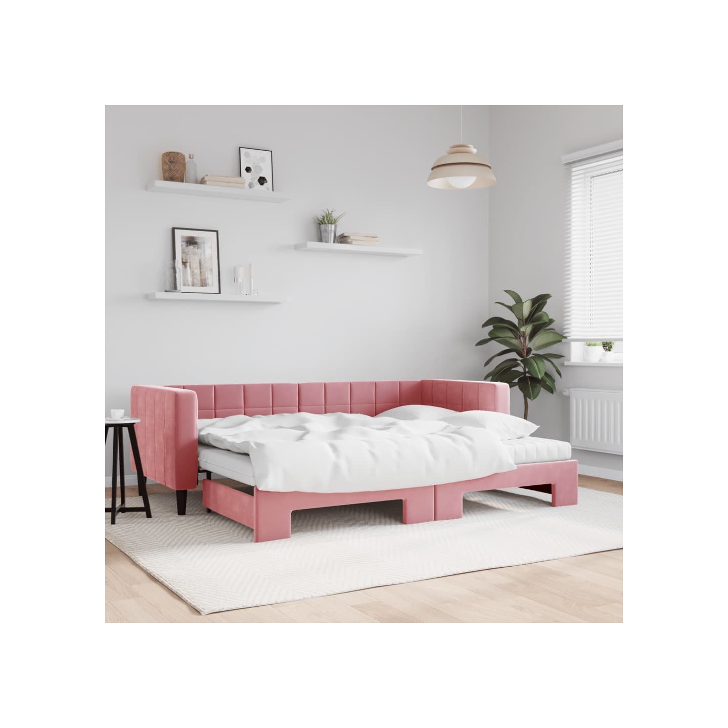 Lit de jour avec lit gigogne et matelas rose 80x200 cm velours